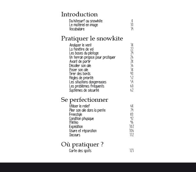 Table des matières du livre manuel de snowkite